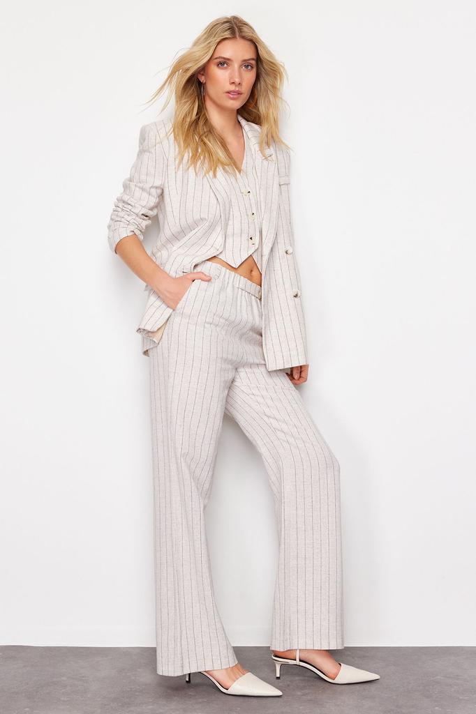 Женские стильные брюки Бежевые полосатые брюки прямого кроя из хлопчатобумажной и льняной ткани с эластичными карманами на талии