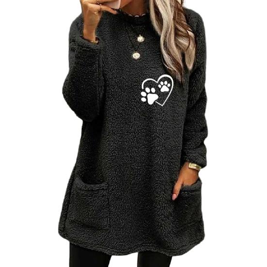 O-Neck Long Sleeves Pockets Mid-Length Winter Sweatshirt Women Loose Fit Embroidery Cat Pattern Fleece Pullover Top