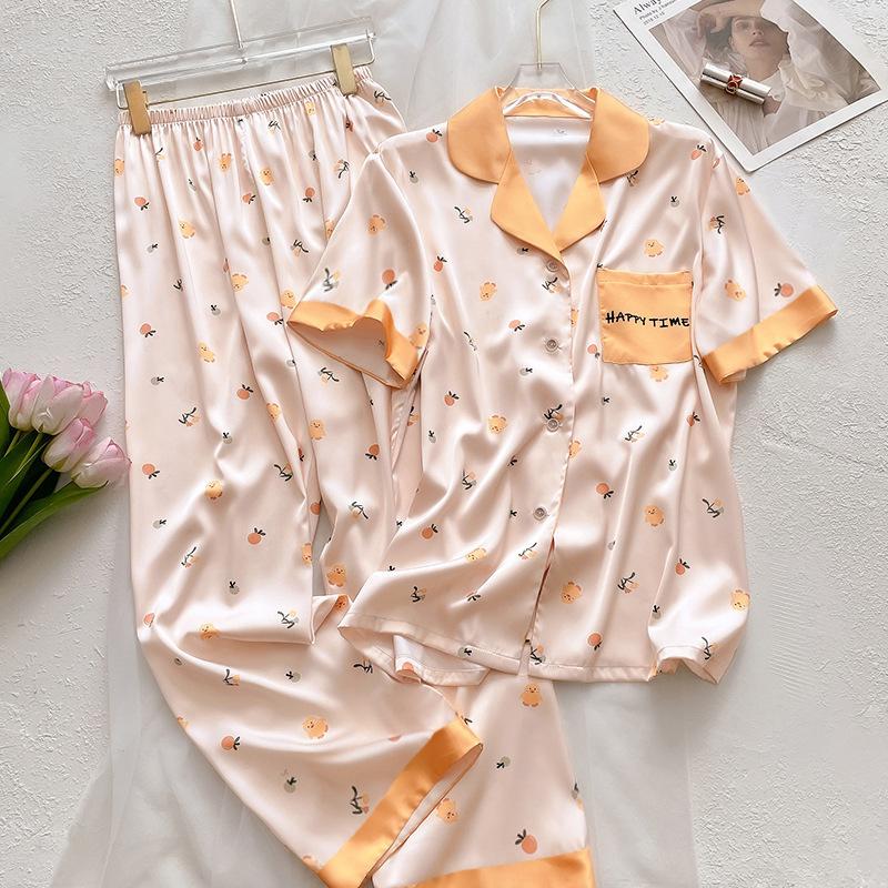 Ice Silk Pajamas Women'S Short-Sleeved Trousers Summer Silk Cute Kitten Jacquard Student Loungewear Set