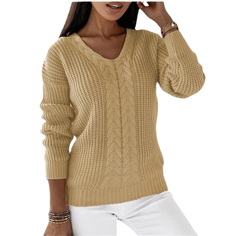 Women's Long Sleeved V Neck Solid Colour Cable Knit Casual Pullover Luxurious Relaxed-fit Slimming and Versatile Top