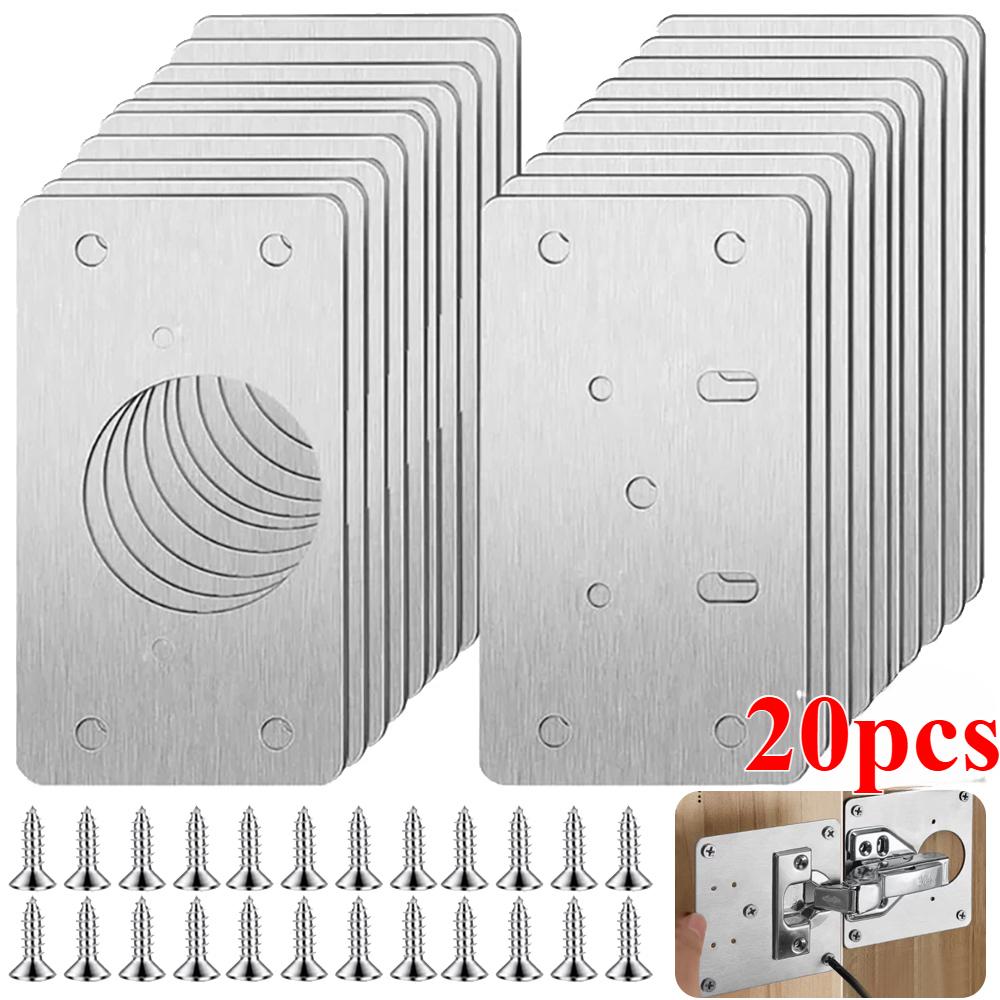 20Pcs Cabinet Hinge Repair Plate Kit Stainless Steel Door Hinge Mounting Plate With Holes For Home Kitchen Cupboard Furniture