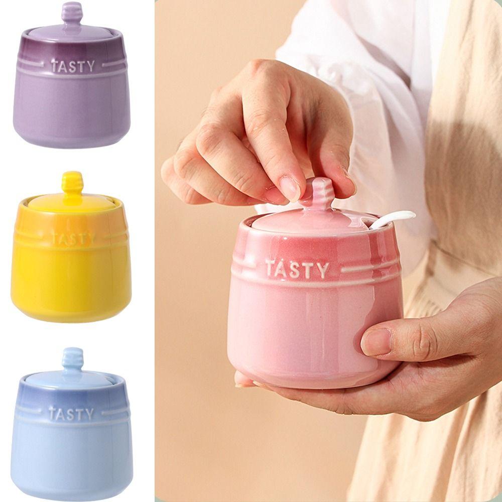 Spoon Ceramic Spice Jar Lid Kitchen Canisters Creative Sugar Pot Salt
