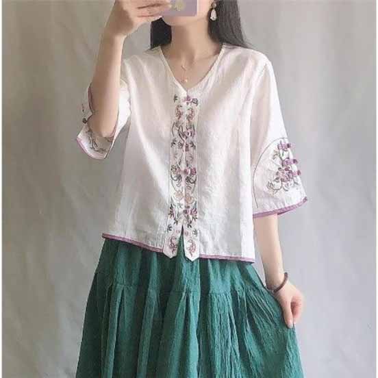 Summer Women's Clothing Shirts Blouse Blusa Mujer Vintage Casual Camisas Woman Blouses Cotton Linen V-Neck Embroidery