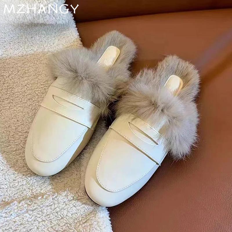 Меховые женские тапочки на плоской подошве, модные повседневные туфли из хлопка с открытой пяткой, женские зимние сапоги 2024 года, удобные, роскошные, женские, Zapatillas
