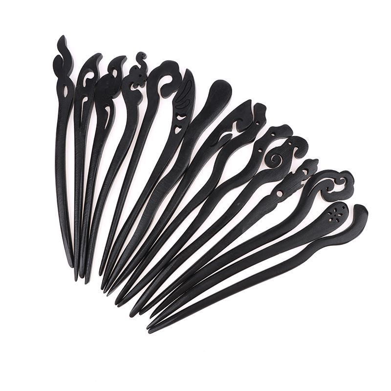 Традиционные деревянные черные палочки для волос в китайском стиле, заколки для волос, резная деревянная вилка для волос, винтажные палочки для еды, головные уборы для женщин, ювелирные изделия