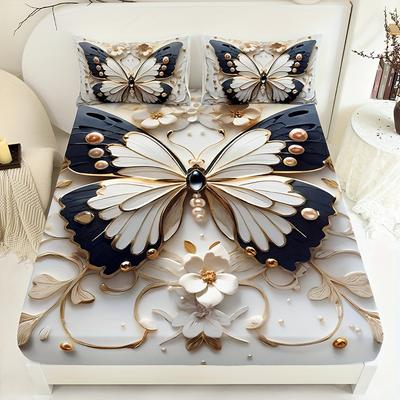 3 шт. Трехмерный белый тисненый комплект простыней с бабочками 1 простыня на резинке + 2 наволочки без подушек