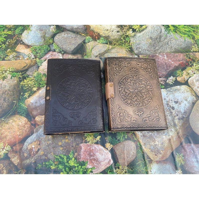 Book of Shadows, Leather Journal, Triple Moon Journal, Third Eye Crystal Stone, Gift for Him, Gift for Her, Leather Grimoire