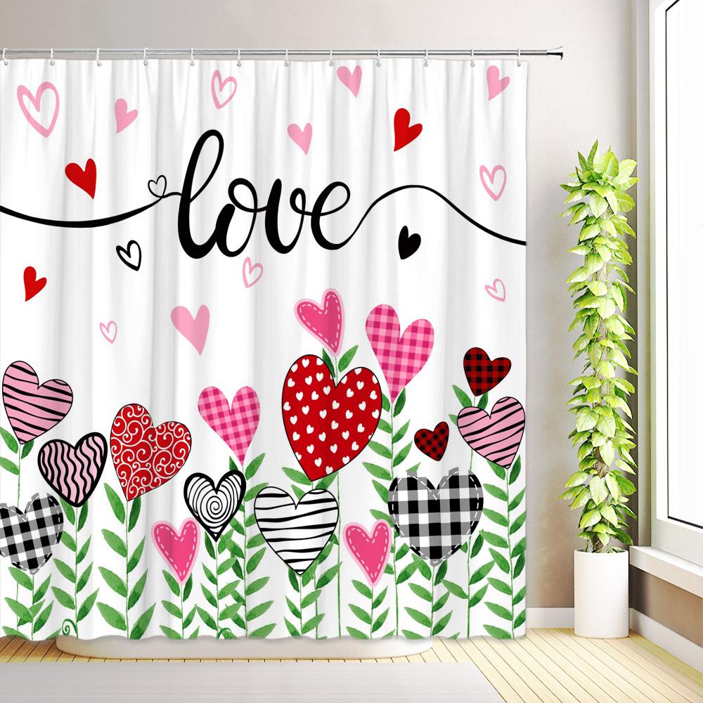 Valentine's Day Shower Curtain Romantic Red Love Hearts Flowers Abstract Modern Bathroom Decor Fabric Bath Curtains with Hooks