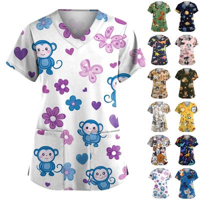 Женская мода с коротким рукавом, симпатичным принтом животных, V-образным вырезом, карманом, рабочая одежда, топы
