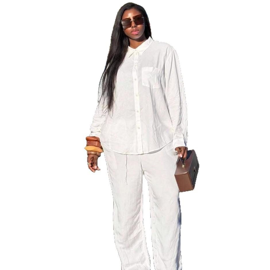 European and American fashion simple atmosphere solid color lapel long-sleeved shirt women's African foreign casual trousers women's two-piece set