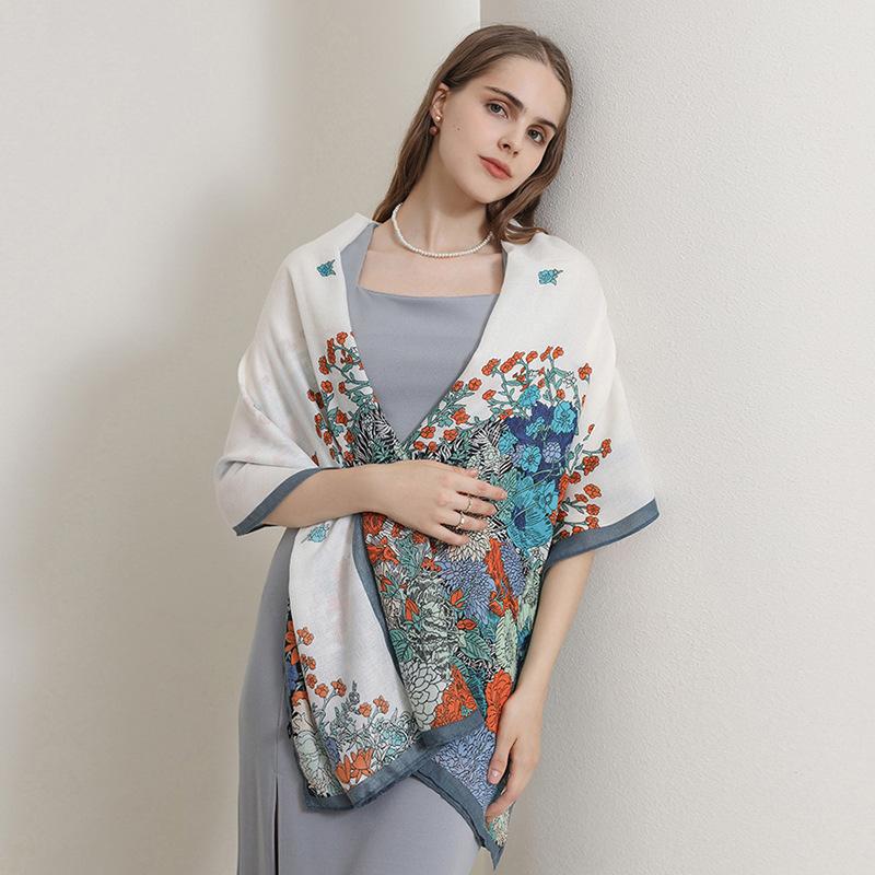 Autumn and Winter Design Sense Elegant Cotton and Linen Flower Print Scarf Women's Travel Photography Temperament Fashionable Outer Shawl