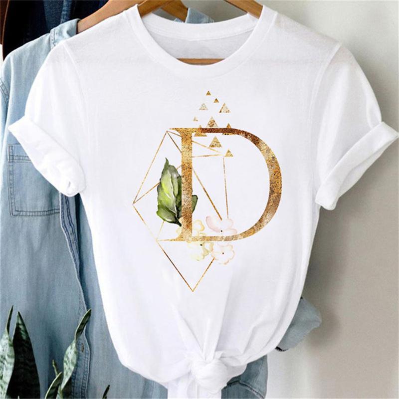 Custom Name Letter Combination Women T Shirt Floral Gold Letter Font A B C D Print Short Sleeve Tee Tops Female T-shirt Clothes