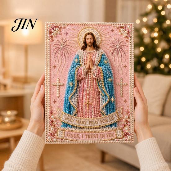 3D Pearl Texture Art Mary Painting Kit, Divine Mercy Jesus Holy Religious Beginner Kit Faux DIY Craft Set for Adults Beginners Christian Wall Decor