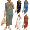 Комплект из 2 предметов для дома из хлопка и льна для женщин, свободный топ с V-образным вырезом и короткими рукавами, подходящие широкие брюки, летний повседневный наряд