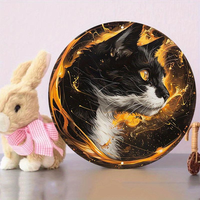 Black and White Cat with Yellow Eyes, Round Wooden Wall Sign, Durable, Protected, Outdoor and Indoor Decor, 8x8 In, 1PC
