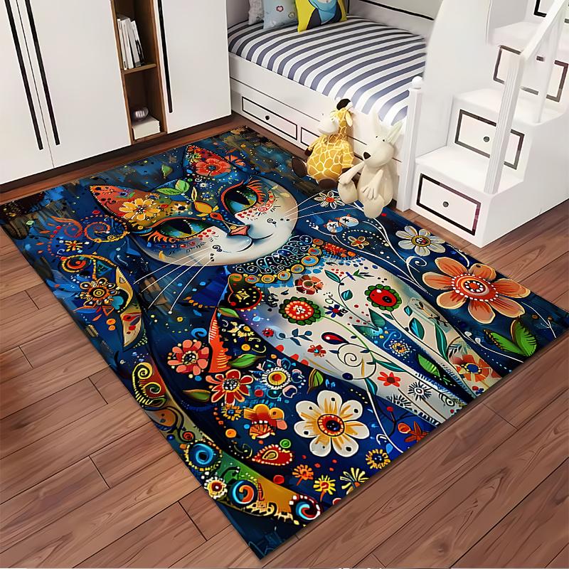 Colorful Floral Cat Design Rug, Artistic Style Non-slip rug suitable for living room and bedroom sofas