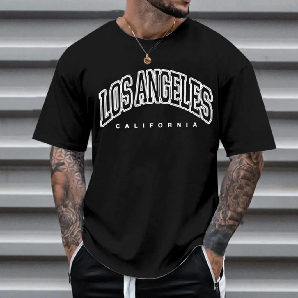 Los Angeles Letter Print T-shirts Cotton Men Clothes Vintage Sports Short Sleeve T Shirt Summer Fitness Loose Plus Size Shirts