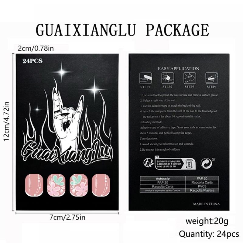 24Pieces Artificial Nail French Tip Pink Flower Glittering Press stick Nail for Women Party and Date Event