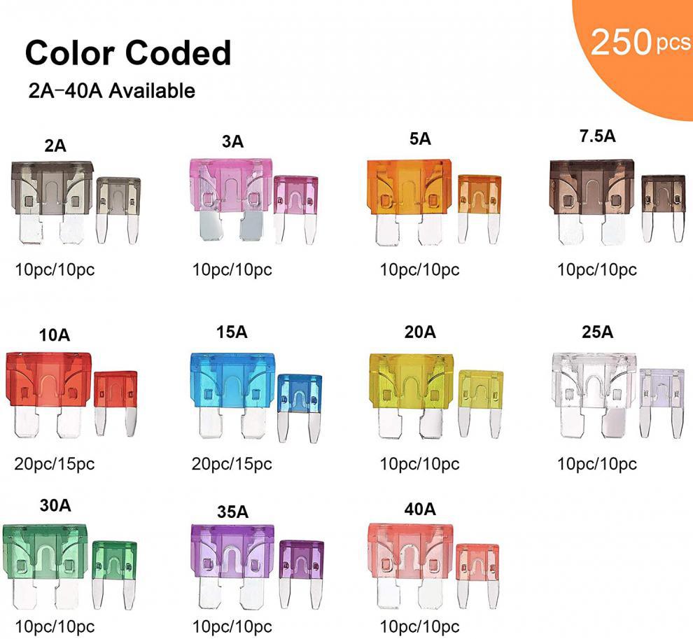 250 шт., набор автомобильных предохранителей, набор страховок для грузовиков, набор предохранителей типа лезвия для автомобиля/фургона/грузовика/мотоцикла/лодки