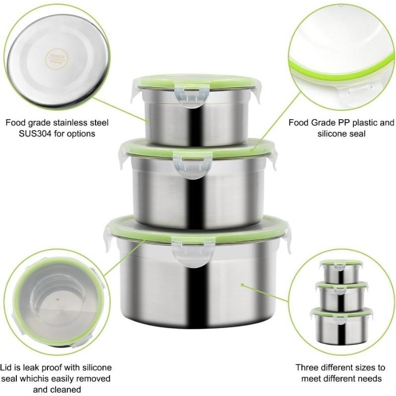 Stainless Steel Food Storage Container Set Sealed Bowl with Cover Round Meal Prep Lunch Bento Box Kitchen Fresh-keeping Bowl