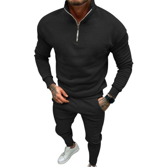 2 Pcs/Set Men Top Pants Suit Half-high Collar Long Sleeve Solid Color Soft Elastic Waist Zipper Thick Warm Pockets Men Winter Tracksuit Sweatshirt