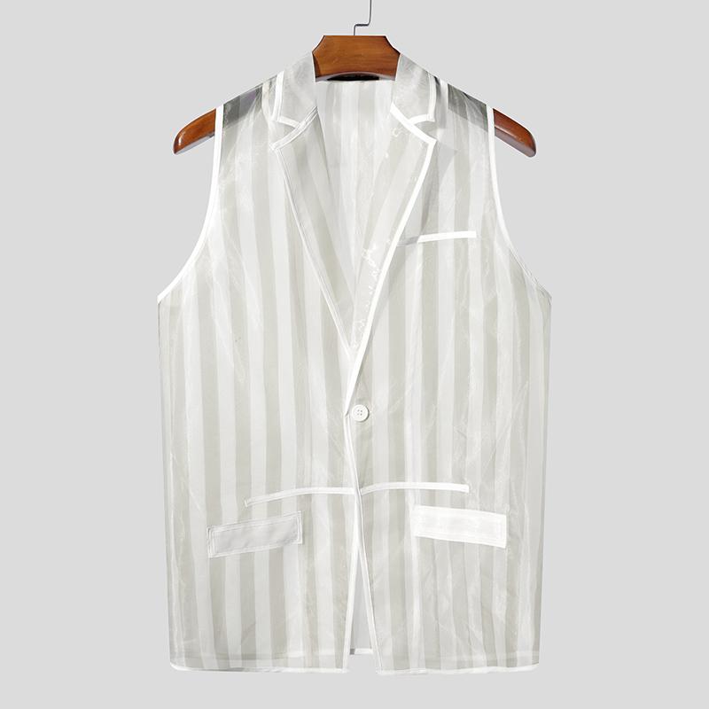 INCERUN Men Lapel Sleeveless Buttons Striped Transparent Mesh Sheer Waistcoats