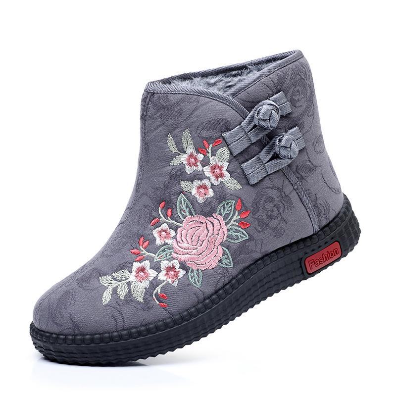 Вышитые высокие сапоги: Теплая, нескользящая, хлопковая обувь с мягкой подошвой для пожилых людей — этнический стиль, идеально подходит для зимы