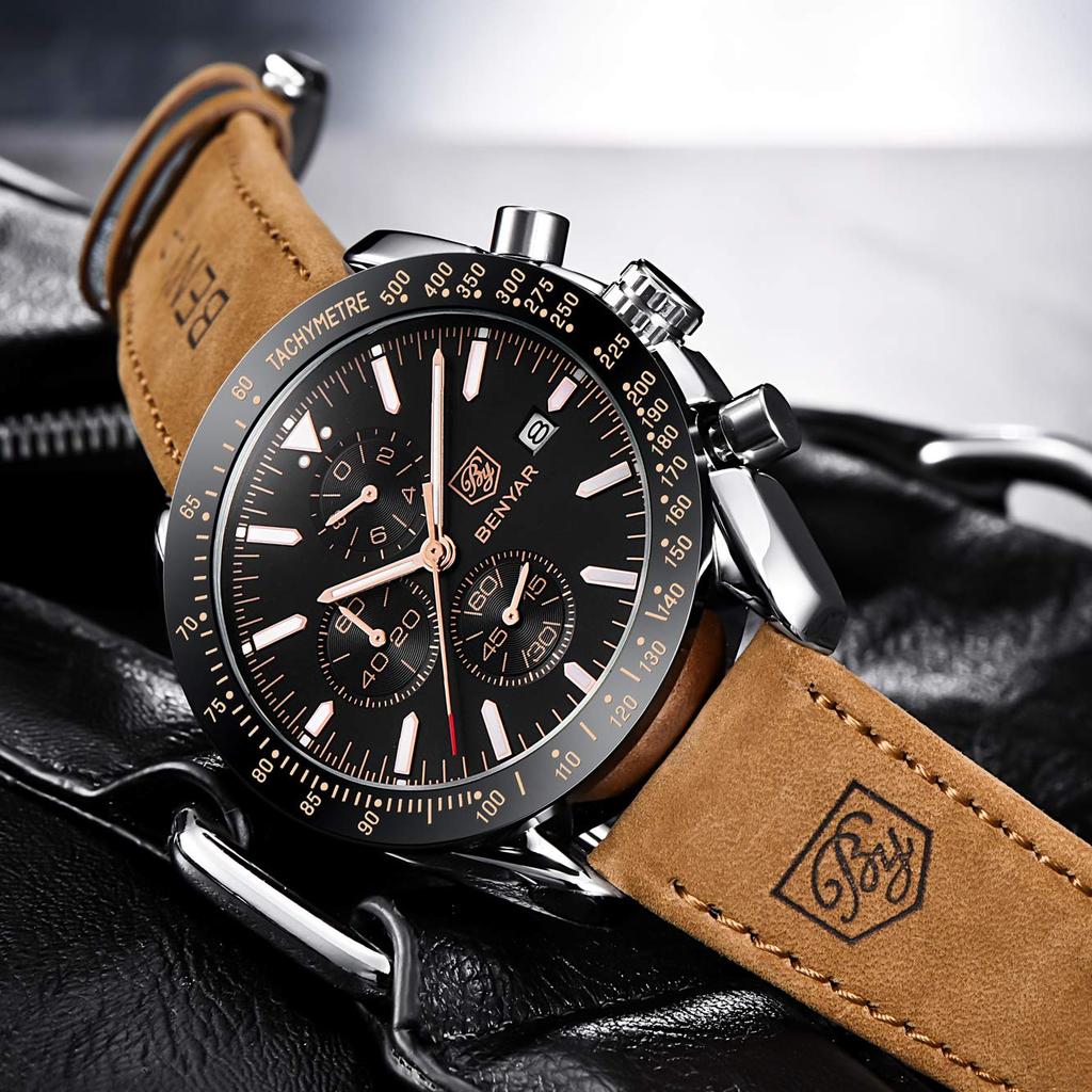 Часы BENYAR AKNIGHT, стильные часы, светящийся хронограф, фиксированный безель, аналоговый календарь, наручные часы, водонепроницаемые, японские кварцевые часы, стальной браслет