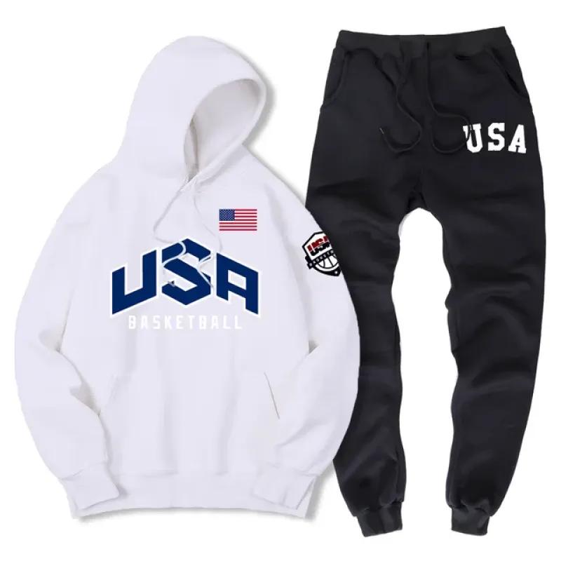 США баскетбольная уличная спортивная одежда с принтом спортивный костюм мужской теплый комплект из двух предметов свободная толстовка с капюшоном брюки комплект спортивный костюм с капюшоном