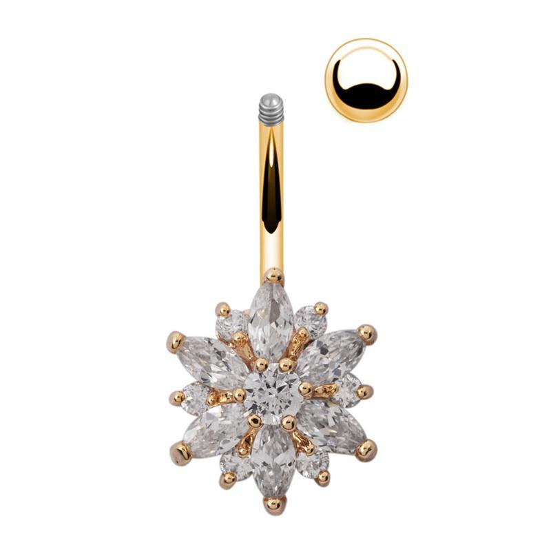 1Pc Gold Plated Rhinestone Body Piercing Belly Ring Bars Barbells Button Navel Flower Cluster