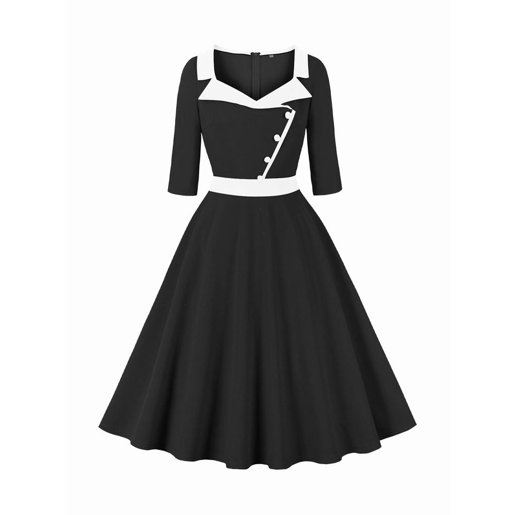 Женское платье миди с рукавом три четверти, однотонное, в стиле ретро, с воротником-стойкой и большой юбкой-клеш