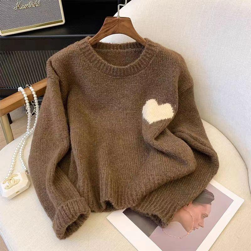 Ленивый стиль Ретро свитер с вышивкой сердечка для женщин Весна Осень Осень Зима Нежный стиль Свободный Трикотаж с длинным рукавом