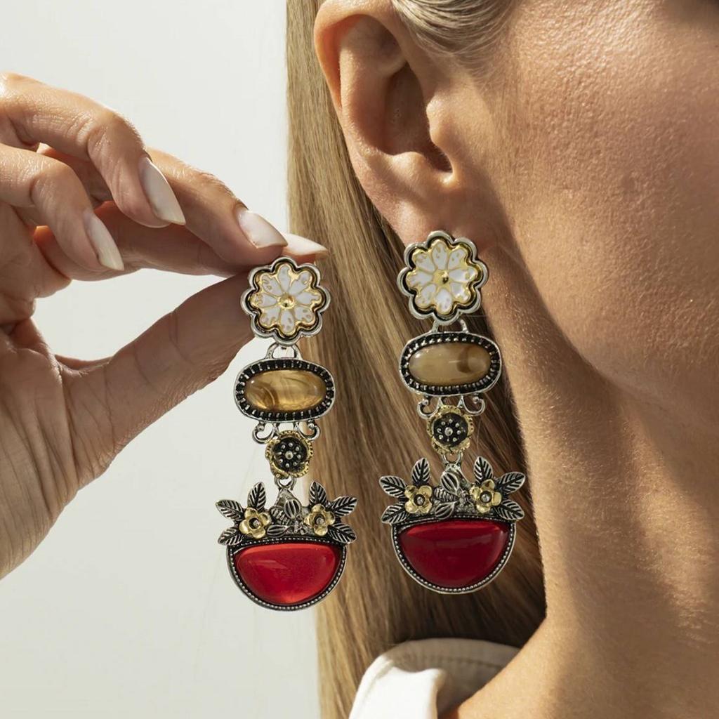 SHIXIN Vintage Resin Acrylic Flower Drop Earrings for Women Creative Red Flower Pot Pendant Earrings Party Jewelry Accessories