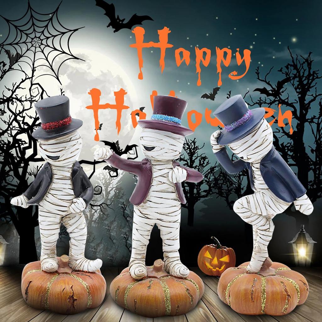 3pcs Mummy Dancing On The Pumpkin Halloween Resin Decorations Mummy Statues Party Holiday Decorations Figurines Gift