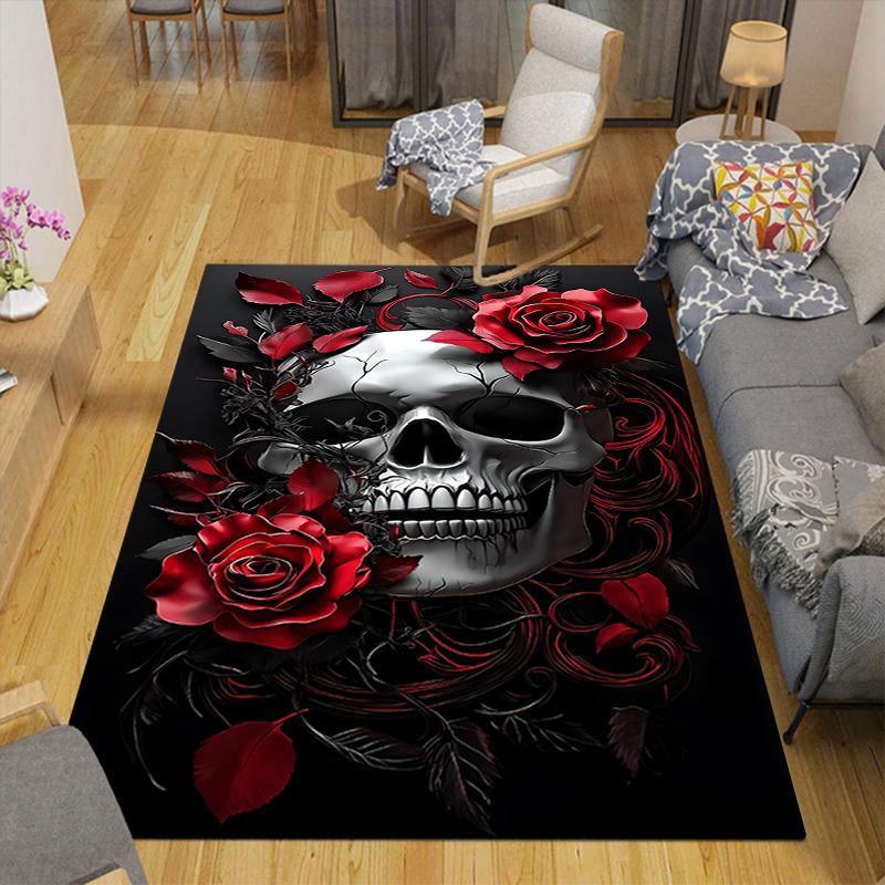 1Pc Skull Roses Artwork Rug, Office Carpet Indoor Outdoor Doormat, Non-Slip, Comfortable, Living, Christmas Halloween, Xmas Gift G1199
