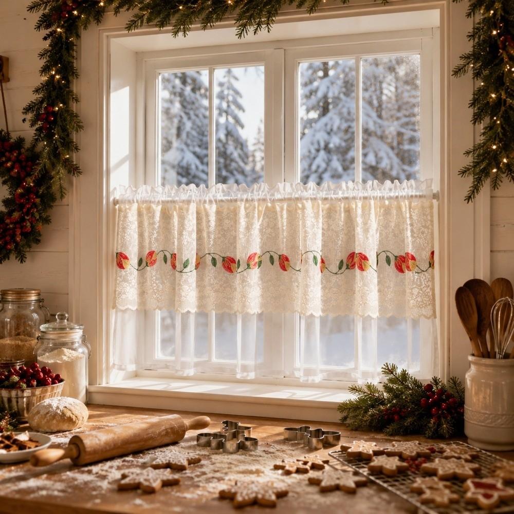 Sheer Voile Floral Lace Curtains Lace Trim Embroidered Curtains Room Partition Curtain Kitchen