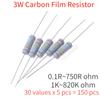 150PCS/Lot 30 Values 3W Carbon Film Resistor Pack Assorted DIY Kit for Electronic Components 0.1R~750R, 1K~820K Ohm Resistance