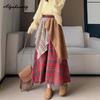 Japanese Mori Girl Style Autumn Winter Women Midi Skirt High Waist Brown Red Plaid Skirt Lace Patchwork Sweet Skirts Womens