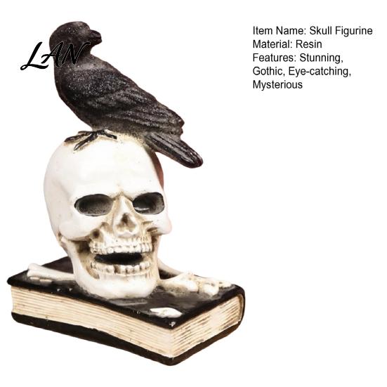 Mysterious Book Shelf Figurine Mystical Raven on Skull Statue, Gothic Crow Perching Resin Skeleton Statue with Book, Spooky Halloween Sculpture