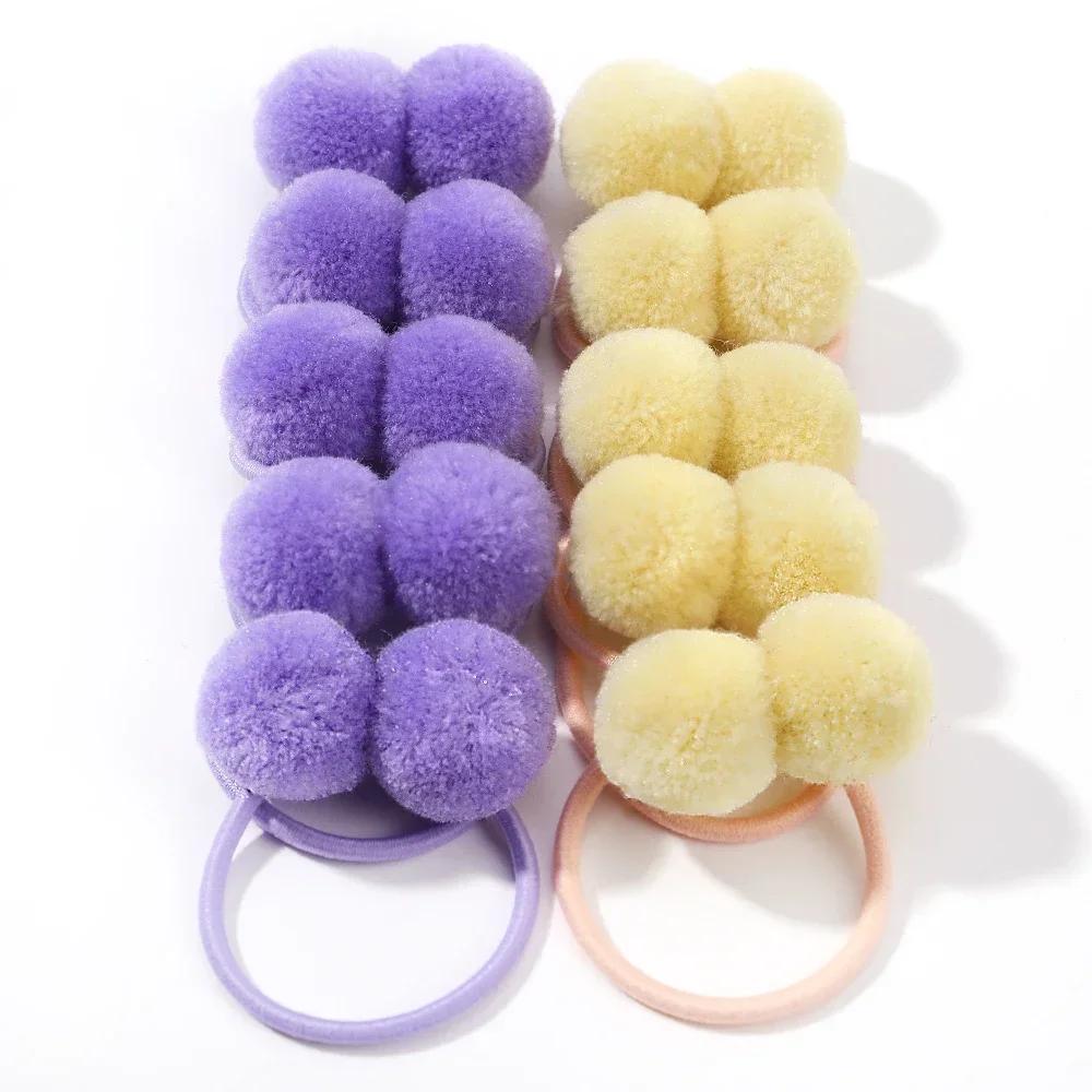 10 шт. Однотонные детские резинки для волос ручной работы для девочек зимние с меховым помпоном резинка для хвостика веревка для волос аксессуары для волос
