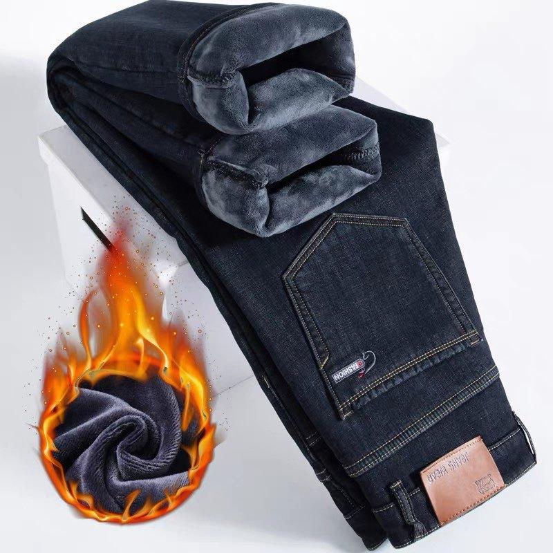 Осень и зима флис утолщенные джинсы свободные прямые брюки универсальные деловые эластичные термобрюки