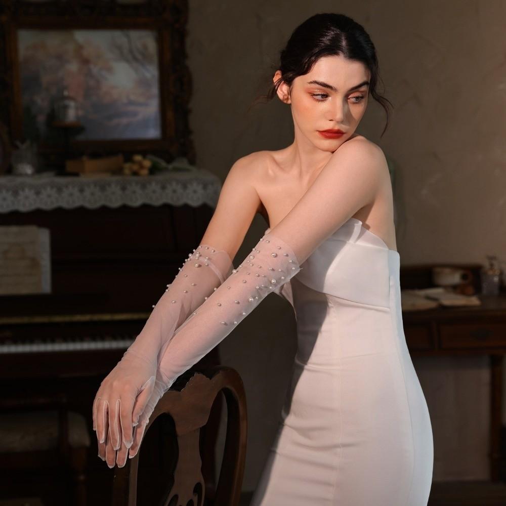 Длинные свадебные перчатки Тюлевые перчатки с жемчугом Винтажные женские свадебные перчатки Вечеринка