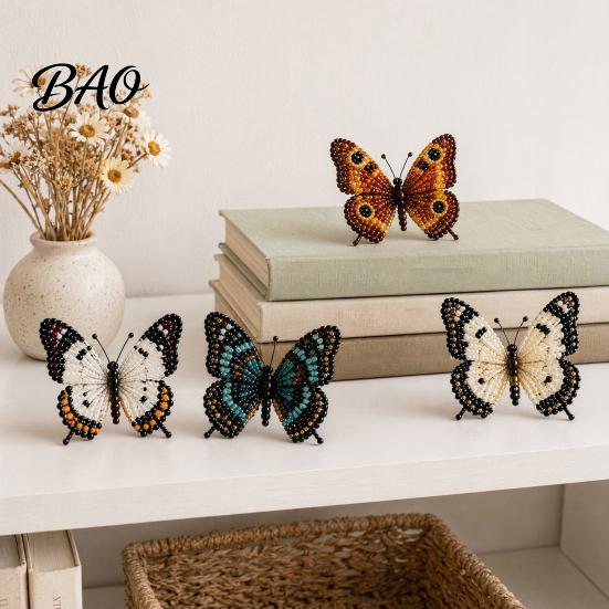 Beaded Animal Figurines 3D Butterfly Craft Kit, Tiny DIY Handmade Art Set Kit with Instruction, Cute 4-Pack Butterflies Beadwork for Beginners,