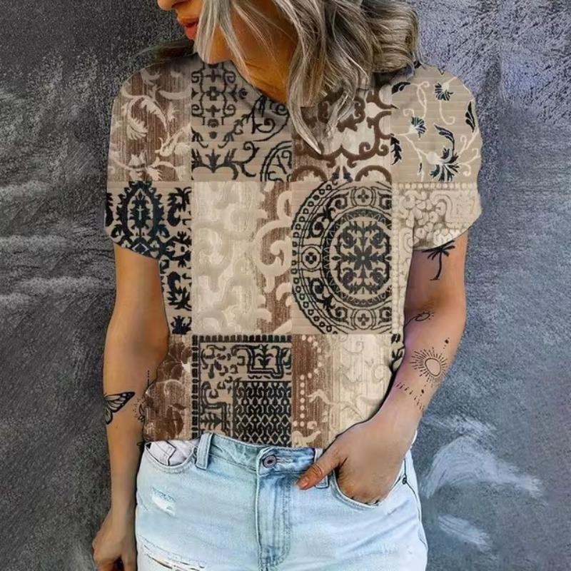 Elegant Women's T-shirt Fashion Retro Flower 3D Pattern Print T-shirt Women's Short Sleeved T-shirt Summer Leisure T-shirt