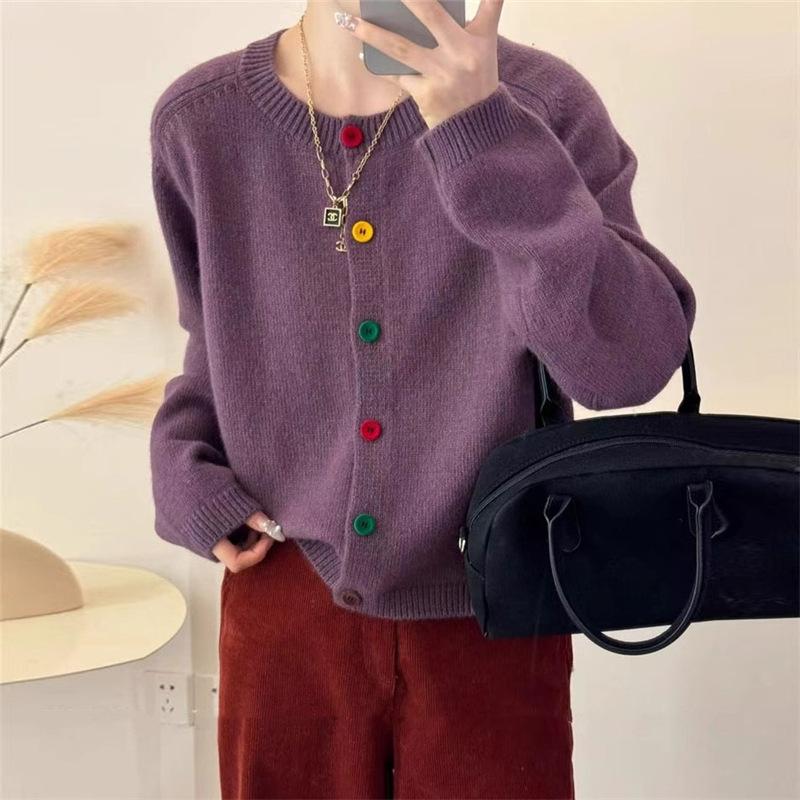 Autumn and Winter Short Sweater for Women Korean Color Button Round Neck Knitted Cardigan for Women