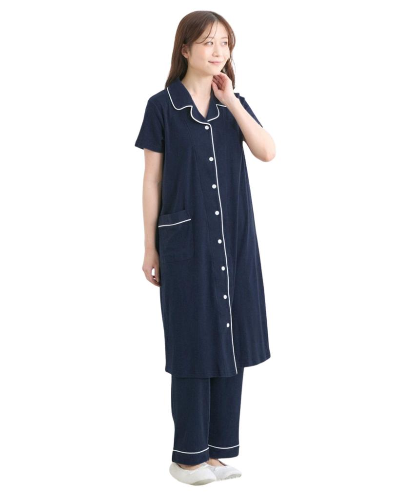 Nissen Maternity Loungewear Pajamas, Summer, Women, Nursing Wear, Comfortable Front-Button Short-Sleeve, Pre/Postnatal, Navy, Size 4L