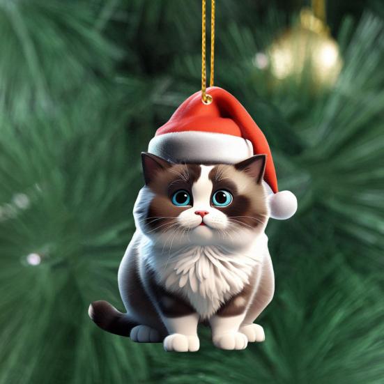 Рождественская подвеска в виде кота, акриловая шапка Санты, мультяшный кот, подвесное украшение, брелок для ключей, подвеска в виде котенка, украшение на рождественскую елку, подарок для любителей кошек