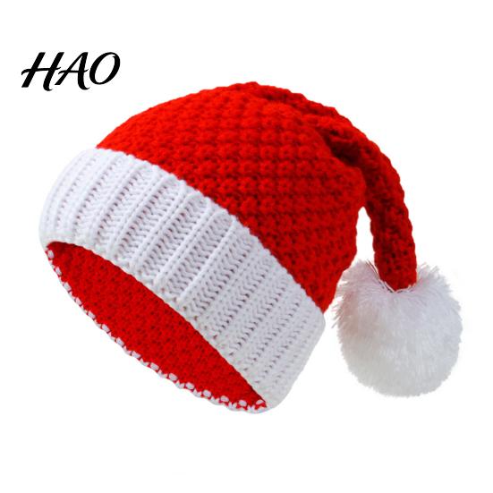 Soft Woolen Winter Caps for Outdoor Parties Santa Hat, Red Knitted Christmas Hat Kids Adults, Waxy Adults Xmas Party with White Pompom Holiday