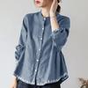 2025 Spring/Summer Women's Plus Size Cotton Linen Stand-up Collar Long Sleeve Loose Shirt