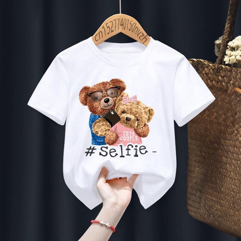 Fashion Funny Bear Printed Kid Short Round Neck T-shirts Children Baby Kawaii Clothes Boy Girl Tops Gift Present Short T-shirts